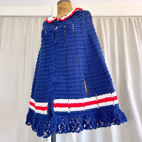 Vintage 60s Nautical Ruffled Crochet Poncho Sweater Cape - Picture 2 of 5